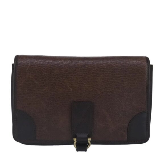 Salvatore Ferragamo Gancini Clutch Bag Leather Brown Auth ar12841 - Picture 1 of 15